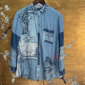 JOHNNY WAS Bandana Mixup button down top / tunic, embroidered and patchwork